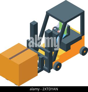 Warehouse worker is driving a forklift carrying a large parcel Stock Vector