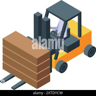 Warehouse worker is driving a forklift carrying lumber wood planks Stock Vector