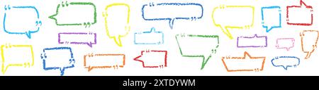Set of speech bubbles drawn by crayon pencil with quote mark. Collection of hand drawn chalk elements. Charcoal colorful text box collection for quote Stock Vector
