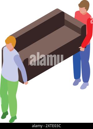 Two men carrying sofa, moving house service, furniture delivery, teamwork concept Stock Vector