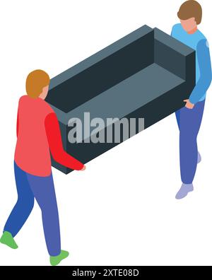 Two delivery service workers are carrying a sofa, providing furniture delivery for a seamless and convenient experience Stock Vector