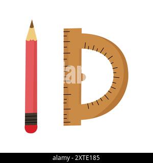 Simple school supplies illustration flat doodle pencil and ruler Scandinavian isolated Stock Vector