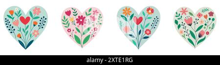 Floral frames in heart shapes. Floral hearts set with hand drawn decorative flowers and plants. Vector illustration Stock Vector