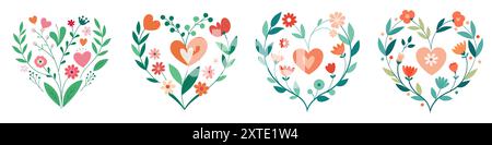 Floral frames in heart shapes. Floral hearts set with hand drawn decorative flowers and plants. Vector illustration Stock Vector