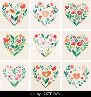 Floral frames in heart shapes. Floral hearts set with hand drawn decorative flowers and plants. Vector illustration Stock Vector