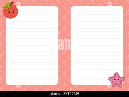 Colored sheet template for notes. Paper page for journal, notebook, diary, letters, schedule, organizer. Cute cartoon character. Lined sheet. Vector i Stock Vector