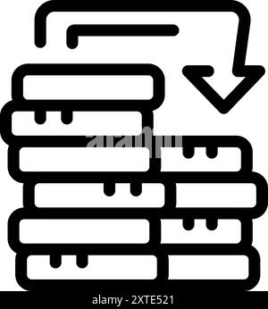 Black outline icon of a stack of papers with a downward arrow, representing data loss or reduction Stock Vector