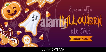 Prepare yourself for a thrilling Halloween sale featuring an array of delightful festive treats and decorations galore Stock Vector