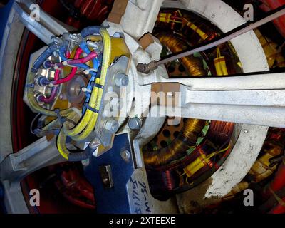 The alternator reveals intricate windings and connections, showcasing the components involved in generating electrical power. Stock Photo