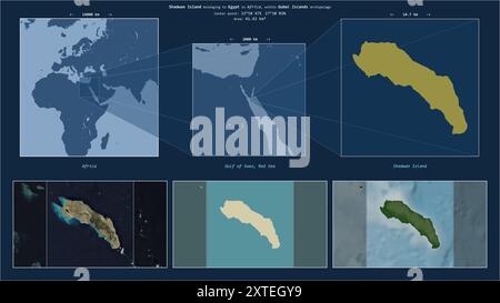 Shadwan Island in the Red Sea - belonging to Egypt. Described location diagram with yellow shape of the island and sample maps of its surroundings Stock Photo