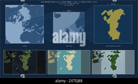 South Ronaldsay Island in the North Sea - belonging to United Kingdom. Described location diagram with yellow shape of the island and sample maps of i Stock Photo