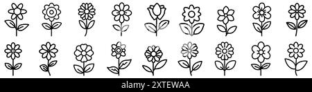 Flower icon. Set of drawn flowers with leaves. Linear flowers. Vector illustration Stock Vector