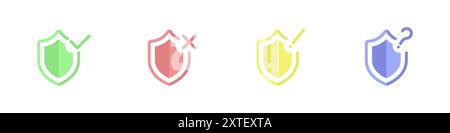 Vector set of voting signs. A tick, a cross, an exclamation mark, a question mark in a shield. Simple protection icons. Antivirus logo. Computer icons Stock Vector