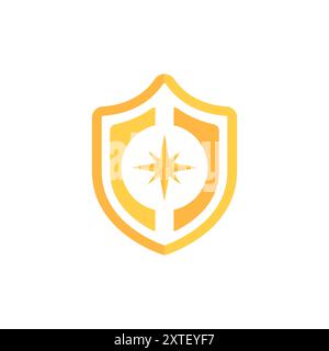 Shield with star vector. Golden shield. Abstract shield icon with wind rose vector. Compass in shield icon. Vector illustration. Stock Vector
