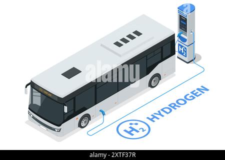 Isometric Hydrogen energy bus. Alternative energy and zero emission. Hydrogen powered transportation. Green energy Stock Vector
