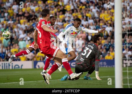 Middlesbrough Goalkeeper Sol Brynn saves from Leeds United's Joel Piroe during the Carabao Cup match between Leeds United and Middlesbrough at Elland Road, Leeds on Wednesday 14th August 2024. (Photo: Trevor Wilkinson | MI News) Credit: MI News & Sport /Alamy Live News Stock Photo