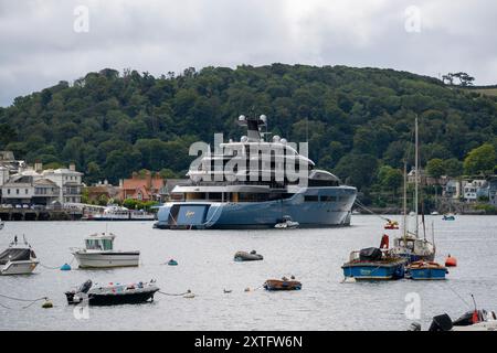 Aviva mega yacht, super yacht, yacht, yachts, owned by British billionaire businessman Joe Lewis, moored on the River Dart at Dartmouth in Devon, UK Stock Photo