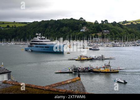 Aviva mega yacht, super yacht, yacht, yachts, owned by British billionaire businessman Joe Lewis, moored on the River Dart at Dartmouth in Devon, UK Stock Photo