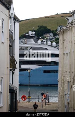 Aviva mega yacht, super yacht, yacht, yachts, owned by British billionaire businessman Joe Lewis, moored on the River Dart at Dartmouth in Devon, UK Stock Photo