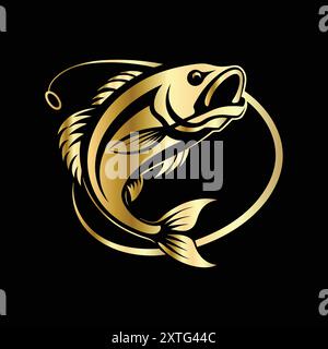 Fishing boat and fishing rod in the sea. Vector illustration. Fishing logo template. Golden fish on a black background. Vector illustration. Stock Vector