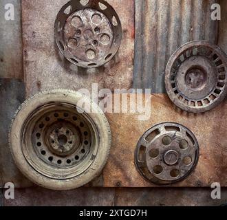 A rustic wall art made from old car wheels and metal sheets creating an industrial aesthetic Stock Photo