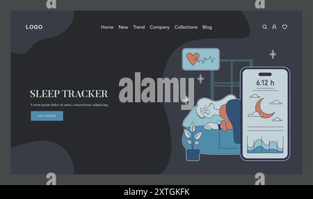 Health Monitoring Devices concept. A sleep tracker interface displaying rest duration on a smartphone beside a relaxing user. Restful sleep analysis, nighttime wellness technology. Vector illustration. Stock Vector