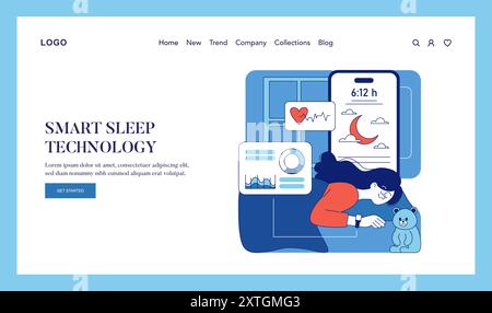 Smart Sleep Technology concept. An illustration of a person tracking sleep with gadgets for improved rest. Monitoring health and sleep patterns for wellness. Vector illustration. Stock Vector