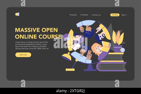 Online Education concept. Diverse students engage in digital learning through a MOOC platform. Accessible education, collaborative study, innovative technology. Vector illustration. Stock Vector