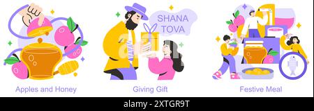 Rosh Hashanah set. Illustration of traditional customs: apples dipped in honey, gift giving, and a family festive meal. Celebrating Jewish New Year. Vector illustration. Stock Vector