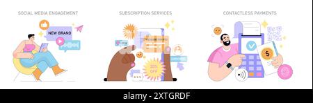 Small Business Services set. Engaging social media, offering subscription services, and enabling contactless payments. Vector illustration. Stock Vector