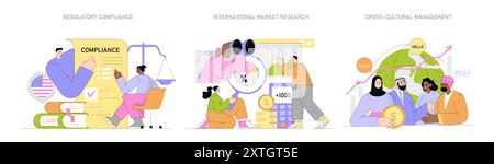 Global market expansion set. Illustrations depict compliance, market research, and cross-cultural team interactions. Captures nuances of international business dynamics. Vector illustration. Stock Vector