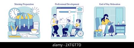 Teacher's daily routine set. Morning prep, in-class training, unwinding after work. Work-life balance, professional growth, relaxation moments. Vector illustration. Stock Vector