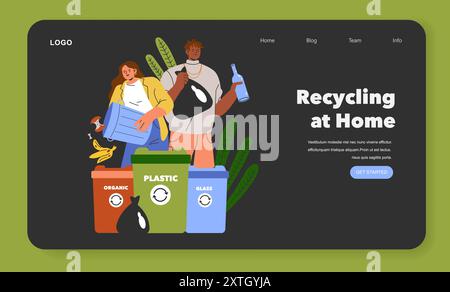 Sustainability Lifestyle concept. People sorting waste into recycling bins for organic, plastic, and glass, encouraging eco-friendly habits at home. Vector illustration. Stock Vector