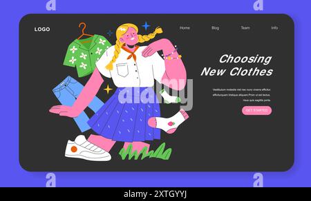 Back To School concept. A joyful student trying on new outfits for the upcoming school year. Preparing wardrobe, fashion selection. Vector illustration. Stock Vector