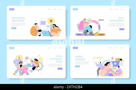 Business Process set. Web pages illustrating prototyping, agile development, cross-functional teams, and market research. Office teamwork in innovation. Vector illustration. Stock Vector