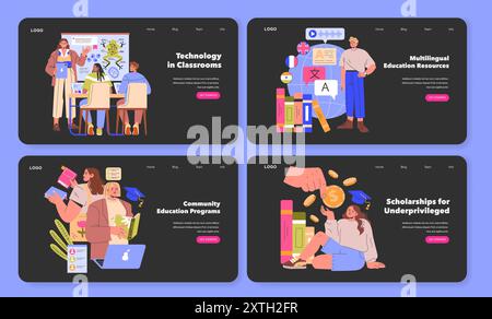 Education Access set. Showcasing diverse learning resources like technology, multilingual tools, community programs, and scholarships. Vector illustration. Stock Vector