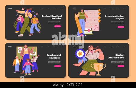 Teacher profession set. Illustrating diverse educational scenarios. Engaging with students, outdoor learning, assessment, accomplishments. Vector illustration. Stock Vector