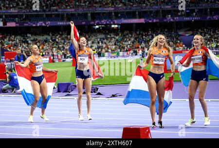 Lisanne de Witte (NED), Cathelijn Peeters (NED), Femke Bol (NED) and Lieke Klaver (NED) celebrates in 4x400m relay in the Paris 2024 Olympic Games on August 10, 2024, at the Stade de France, Paris, France Photo by SCS/Soenar Chamid/ AFLO (HOLLAND OUT) Stock Photo