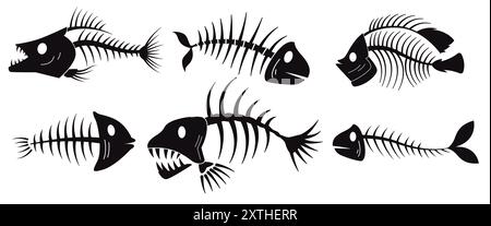 fish bone set collection dead bone river and sea fish black silhouette skeleton Stock Vector