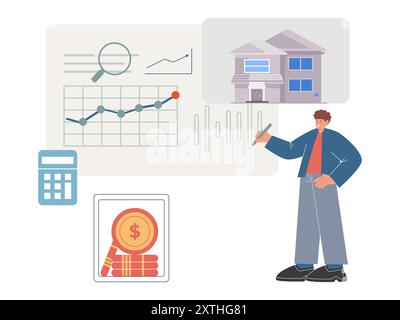 real estate evaluation research house resident property searching choice reviewing design icon illustration Stock Vector