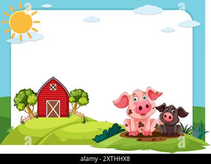 Two pigs near a red barn Stock Vector