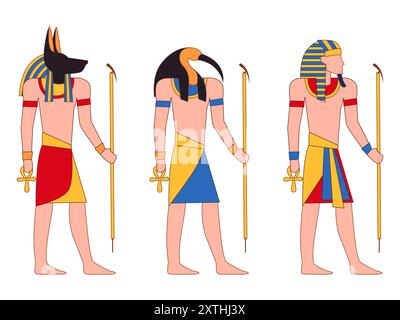 Egyptian God Goddess Deities afterworld ancient Egypt Anubis Thoth Pharaoh symbol jackal ibis bird dog head design illustration Stock Vector