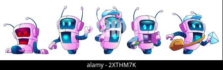 Cute ai robot with hands on wheel in different poses. Cartoon vector chatbot mascot with screen on body showing various face emotions - love and like, error and fast mail delivery, repair himself. Stock Vector