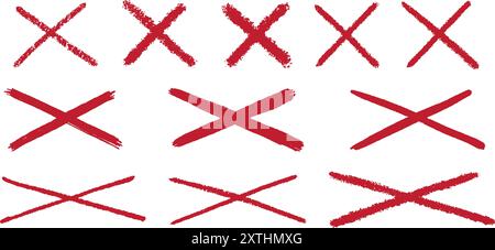 Red cross vector mark. Paint brushed crayon symbol of check. Hand drawn grunge sign of check, stamp of false and ban isolated on white background Stock Vector