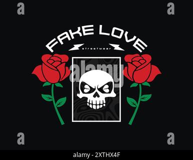 fake love concept vector graphic with skull and roses, urban streetwear illustration suitable for screen printing, t shirt design, poster and more Stock Vector