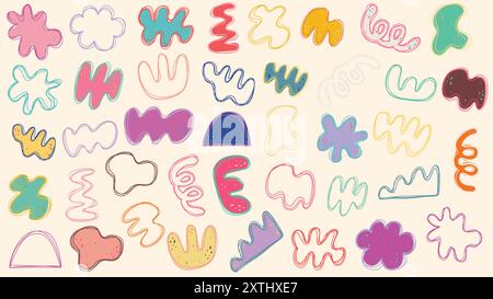 Set of modern abstract blobs in outlines and filled with colors. Hand drawn vector illustrations. Stock Vector