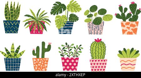 Set of houseplants in quirky pots. Includes indoor plants like cactus, fern, monstera, succulent and more. Loose hand drawn style vector elements. Stock Vector