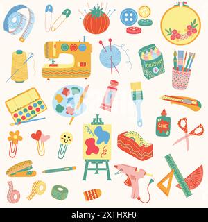 Arts and crafts supplies set. Materials for crocheting, drawing, journaling, knitting, painting, scrapbooking, and sewing. Stock Vector