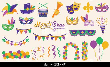 Mardi Gras festival elements set. Balloons, banners, buntings, confetti, fleur de lis, jester hat, masquerade masks. Hand drawn vector illustrations. Stock Vector