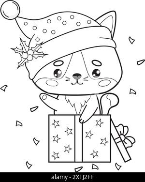 Christmas cat in Santa hat in New Year gift box. Outline cartoon animal character. Line drawing, coloring book. Vector illustration. Kids collection Stock Vector